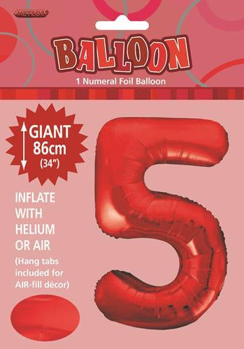 Red "5" Numeral Foil Balloon 86cm (34"